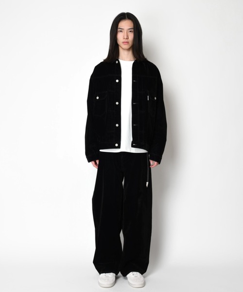 SUPERTHANKS(スーパーサンクス)の「<フロッキー加工>バレルレッグデニムパンツBlack flocky denim barrel leg trousers(デニムパンツ・メンズ・ネイビー/ワンウォッシュ・L/M/S)」の16枚目の写真