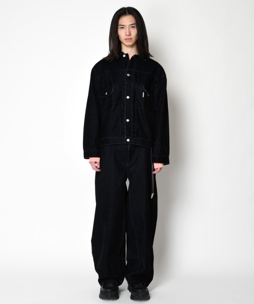SUPERTHANKS(スーパーサンクス)の「<フロッキー加工>バレルレッグデニムパンツBlack flocky denim barrel leg trousers(デニムパンツ・メンズ・ネイビー/ワンウォッシュ・L/M/S)」の14枚目の写真
