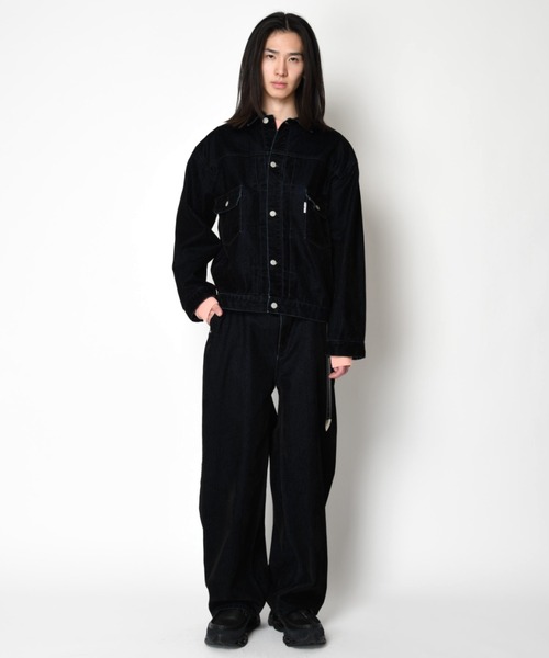 SUPERTHANKS(スーパーサンクス)の「<フロッキー加工>バレルレッグデニムパンツBlack flocky denim barrel leg trousers(デニムパンツ・メンズ・ネイビー/ワンウォッシュ・L/M/S)」の13枚目の写真