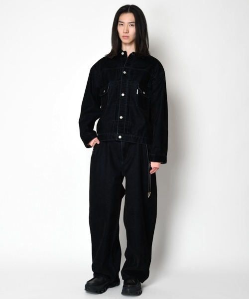 SUPERTHANKS(スーパーサンクス)の「<フロッキー加工>バレルレッグデニムパンツBlack flocky denim barrel leg trousers(デニムパンツ・メンズ・ネイビー/ワンウォッシュ・L/M/S)」の10枚目の写真