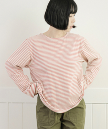 コットンストライプボートネック長袖Tシャツレッド