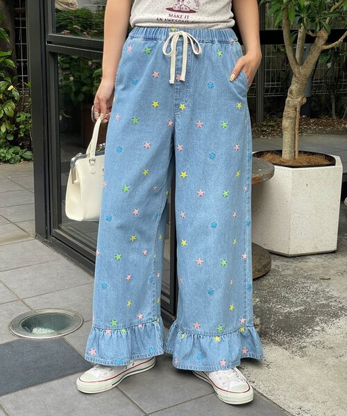 HELLO.SANFRANCISCO(ハローサンフランシスコ)の「【HELLO.SANFRANCISCO/ハローサンフランシスコ】裾フリル星柄刺繍デニム(デニムパンツ・レディース・サックスブルー/ブルー・MEDIUM/SMALL)」の9枚目の写真