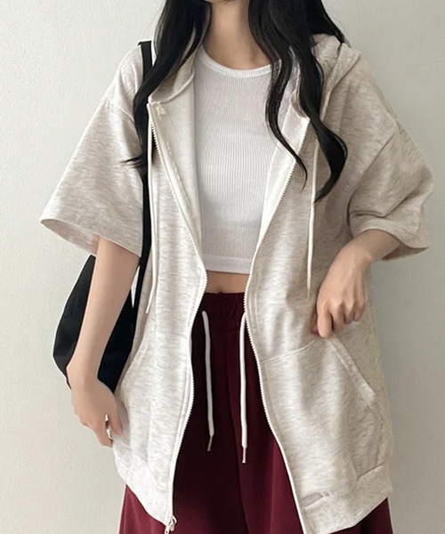 Songe(ソンジュ)の「ジップアップ半袖パーカー(パーカー・レディース・ブラック/グレー/ライトグレー・M/L/LL)」の22枚目の写真