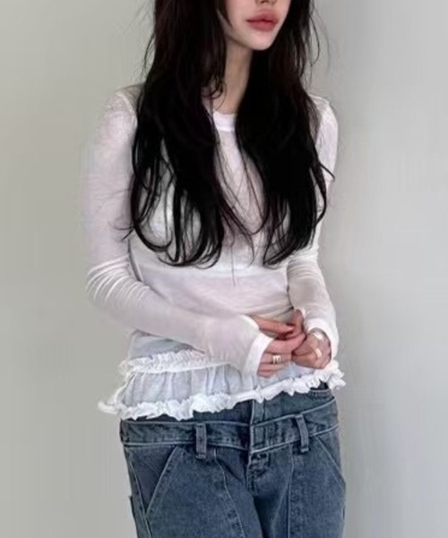 tunee（チュニー）の「【TUNE】シアーフレアカットソー（Tシャツ/カットソー・レディース・ホワイト/ピンク・FREE）」の3枚目の写真