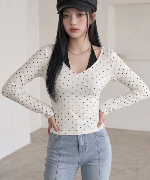 non-hedge(ノンヘッジ)の「ドット柄アンサンブル風ロンT(Tシャツ/カットソー・レディース・グレー/ブラック/オフホワイト・FREE)」の4枚目の写真