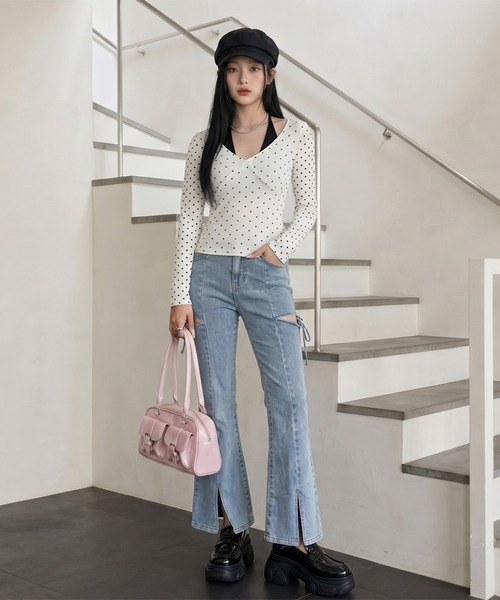 non-hedge(ノンヘッジ)の「ドット柄アンサンブル風ロンT(Tシャツ/カットソー・レディース・グレー/ブラック/オフホワイト・FREE)」の5枚目の写真