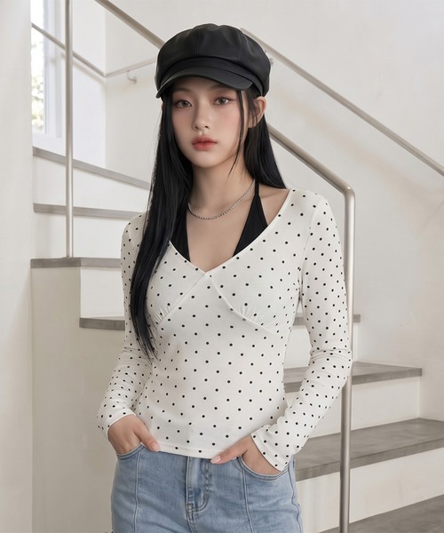 non-hedge(ノンヘッジ)の「ドット柄アンサンブル風ロンT(Tシャツ/カットソー・レディース・グレー/ブラック/オフホワイト・FREE)」の6枚目の写真