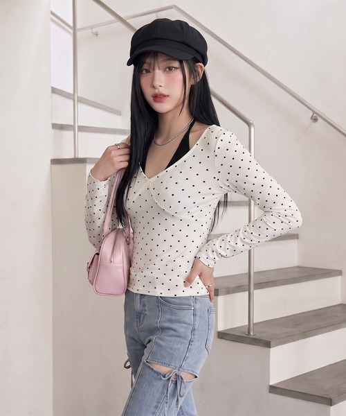 non-hedge(ノンヘッジ)の「ドット柄アンサンブル風ロンT(Tシャツ/カットソー・レディース・グレー/ブラック/オフホワイト・FREE)」の7枚目の写真