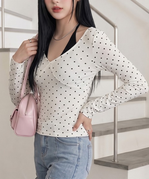 non-hedge(ノンヘッジ)の「ドット柄アンサンブル風ロンT(Tシャツ/カットソー・レディース・グレー/ブラック/オフホワイト・FREE)」の8枚目の写真