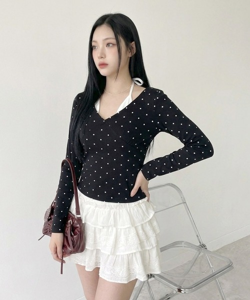 non-hedge(ノンヘッジ)の「ドット柄アンサンブル風ロンT(Tシャツ/カットソー・レディース・グレー/ブラック/オフホワイト・FREE)」の10枚目の写真