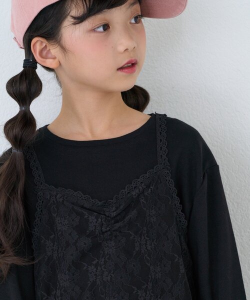CIAOPANIC TYPY(チャオパニックティピー)の「【KIDS/ZOZO限】レースキャミ付き針抜きメロウトップス(Tシャツ/カットソー・キッズ・グレー/アイボリー/サックスブルー/ブラック・110/150/130)」の3枚目の写真