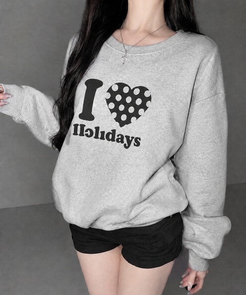 I LOVE HOLIDAY ドットハート柄＆英字ロゴ オーバーサイズ裏微起毛