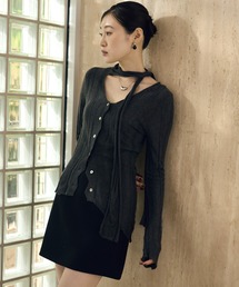 tie neck asymmetric cut rib cardigan /タイネックアシンメトリーカットリブカーディガン