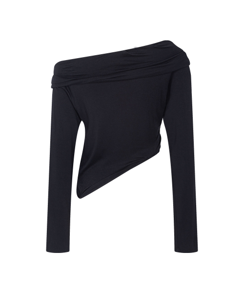 PLEASENOFOLLOW(プリーズノーフォロー)の「Bree Unbal Shirring Long Sleeve Top (Black)(Tシャツ/カットソー・レディース・その他・FREE)」の2枚目の写真