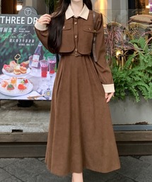 襟・袖口配色切り替えロングワンピース