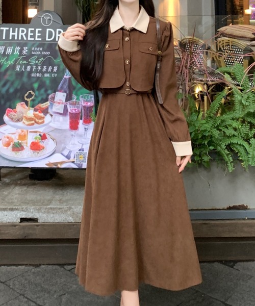 FAVORITO(ファヴォリート)の「襟・袖口配色切り替えロングワンピース(ワンピース・レディース・ブラウン/ブラック・F)」の2枚目の写真