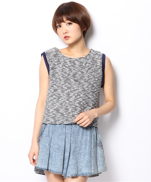 CIAOPANIC（チャオパニック）の「【Ciaopanic】　ツイードジャージーP/O（Tシャツ/カットソー・レディース・ネイビー/オフホワイト・FREE）」の2枚目の写真