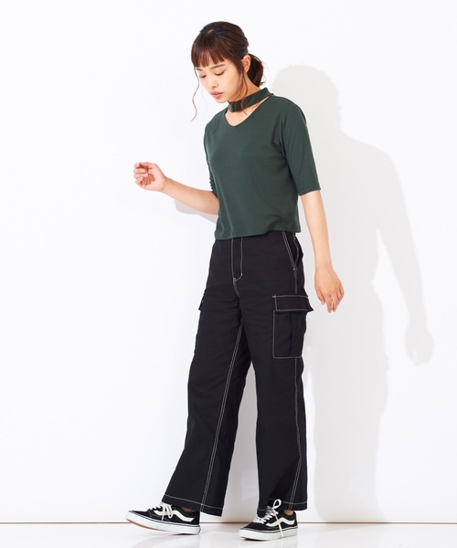 WEGO(ウィゴー)の「WEGO/チョーカー5分袖リブTシャツ(Tシャツ/カットソー・レディース・ブラック/ブラウン/グリーン/パープル・FREE)」の8枚目の写真