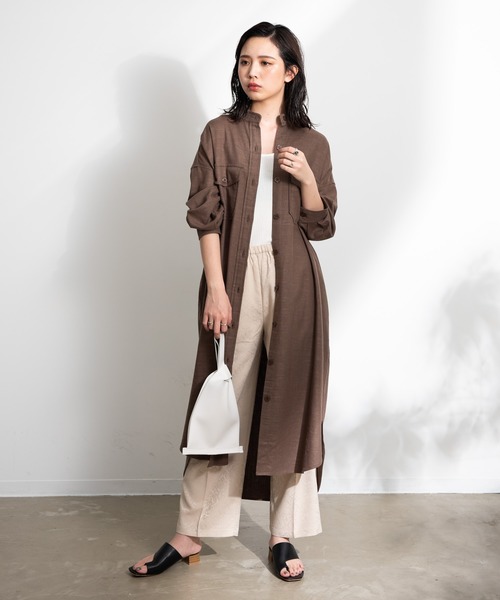 新品シナモンモカブラウンベージュレイカズンバンドカラーロングシャツワンピース長袖 新品シナモンモカブラウンベージュレイカズンバンドカラーロングシャツ