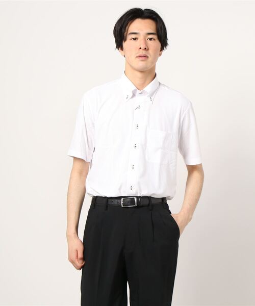 Perfect Suit FActory（パーフェクトスーツファクトリー）の「【完全ノーアイロン】半袖アイシャツ　ボタンダウン織柄無地　オフホワイト（シャツ/ブラウス・メンズ・オフホワイト・S/L/LL/M）」の6枚目の写真