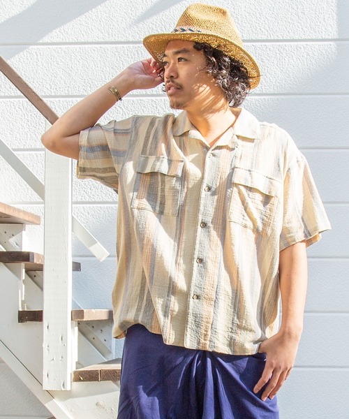 チャイハネ（チャイハネ）の「【チャイハネ】南インド織りモルジブメンズシャツ（シャツ/ブラウス・メンズ・ベージュ/ブラウン/グリーン・FREE）」の3枚目の写真