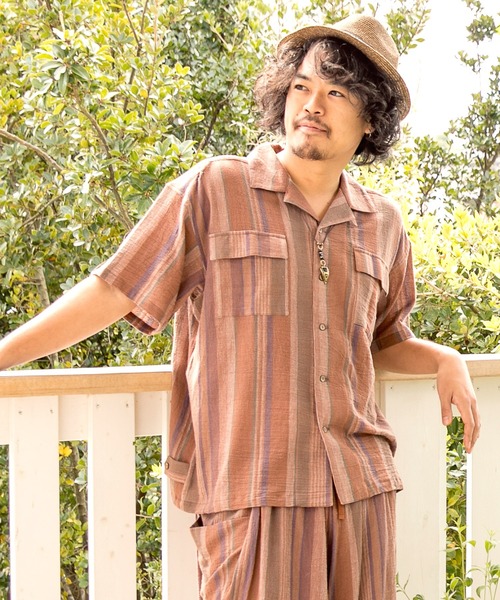 チャイハネ（チャイハネ）の「【チャイハネ】南インド織りモルジブメンズシャツ（シャツ/ブラウス・メンズ・ベージュ/ブラウン/グリーン・FREE）」の2枚目の写真