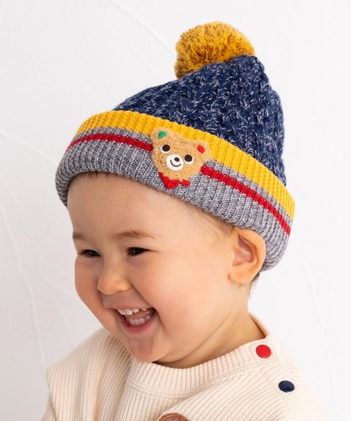 MIKI HOUSE(ミキハウス)の「プッチー&うさこニットフード(ニットキャップ/ビーニー・キッズ・ネイビー/ピンク・フリー(46-52cm))」の2枚目の写真