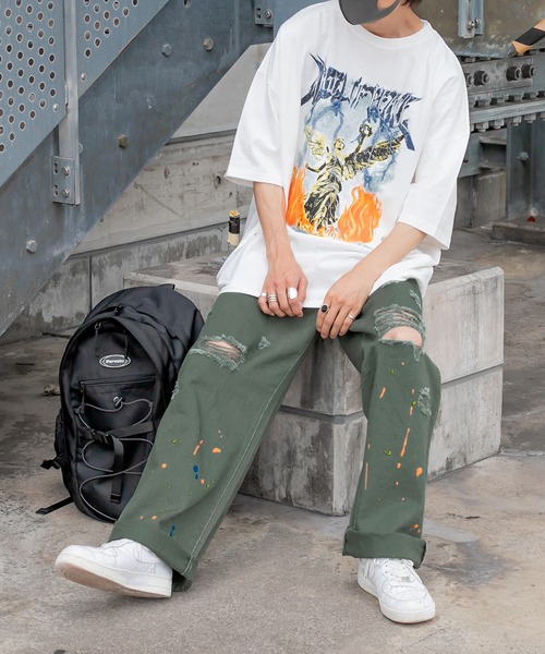 Perushu（ペルーシュ）の「ダメージルーズペイントパンツ（デニムパンツ・メンズ・ブラック/グリーン/ホワイト・SMALL/MEDIUM/LARGE）」の3枚目の写真