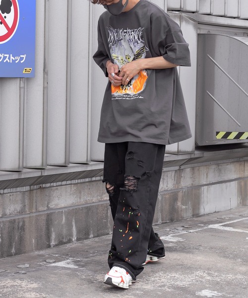 Perushu（ペルーシュ）の「ダメージルーズペイントパンツ（デニムパンツ・メンズ・ブラック/グリーン/ホワイト・SMALL/MEDIUM/LARGE）」の6枚目の写真