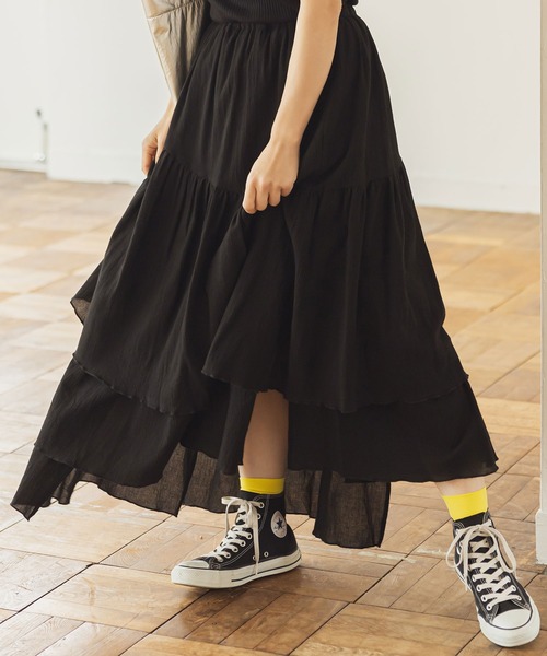 and R（アンドアール）の「アシンメトリーコットンティアードスカート（スカート・レディース・ホワイト/ブラック・FREE）」の2枚目の写真