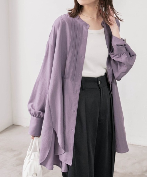 BONLECILL（ボンルシール）の「ピンタックボザム バンドカラー ロングスリーブブラウス（シャツ/ブラウス・レディース・オフホワイト/ブラック/パープル・FREE）」の3枚目の写真