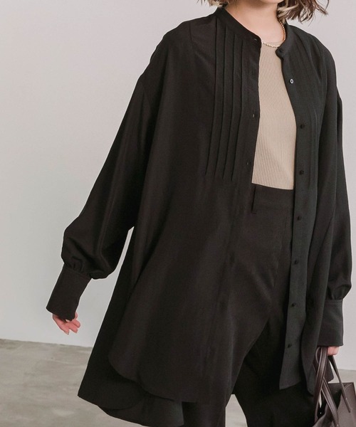 BONLECILL（ボンルシール）の「ピンタックボザム バンドカラー ロングスリーブブラウス（シャツ/ブラウス・レディース・オフホワイト/ブラック/パープル・FREE）」の9枚目の写真