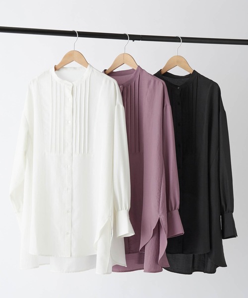 BONLECILL（ボンルシール）の「ピンタックボザム バンドカラー ロングスリーブブラウス（シャツ/ブラウス・レディース・オフホワイト/ブラック/パープル・FREE）」の18枚目の写真