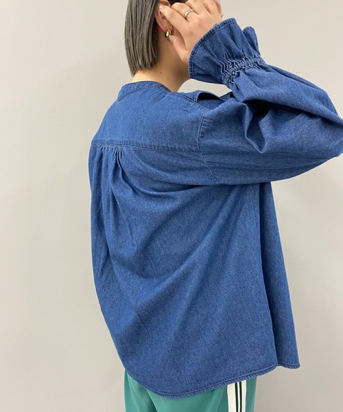バンドカラーデニムフリルブラウス/WEB限定商品