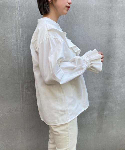 バンドカラーデニムフリルブラウス/WEB限定商品