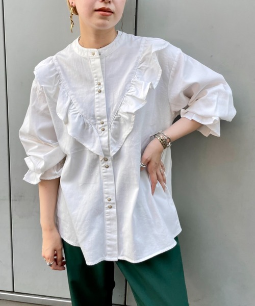 バンドカラーデニムフリルブラウス/WEB限定商品
