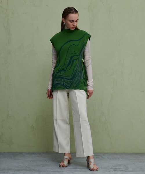 PUBLIC TOKYO（パブリックトウキョウ）の「ダブルニーワイドストレートパンツ（スラックス・レディース・グリーン/アイボリー・FREE）」の8枚目の写真