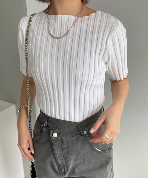 CAPRICIEUX LE'MAGE（カプリシューレマージュ）の「ボートネック5分袖ニット（ニット/セーター・レディース・ホワイト/ブラック/ブラウン/オフホワイト/ベージュ・FREE）」の17枚目の写真