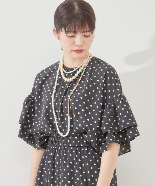 TIARA ティアラ★高級ネイビー ドット柄 長袖ブラウス Rose Tiara ローズティアラ フリル ロング丈 ブラウス 花柄