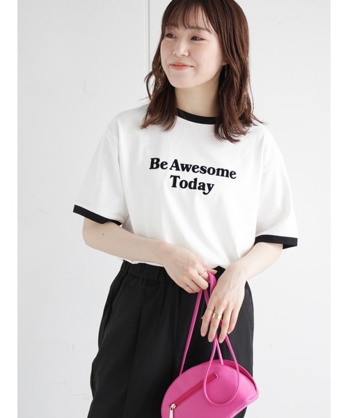 ehka sopo(エヘカソポ)の「リンガーフロッキーロゴプリントTシャツ(Tシャツ/カットソー・レディース・オフホワイト/キナリ/グリーン・フリ-)」の2枚目の写真