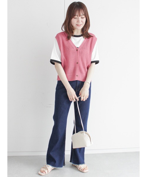 ehka sopo(エヘカソポ)の「リンガーフロッキーロゴプリントTシャツ(Tシャツ/カットソー・レディース・オフホワイト/キナリ/グリーン・フリ-)」の6枚目の写真