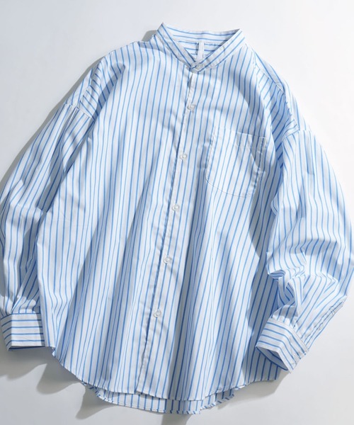 Ritzy（リッツィー）の「綿ブロード バンドカラーBIGシャツ レディース メンズ（シャツ/ブラウス・メンズ・ホワイト系その他/イエロー/サックスブルー/サックスブルー系/ブラック/グリーン/ホワイト/ラベンダー/グレイッシュベージュ/グリーン系その他/ブラック系その他・X-LARGE/MEDIUM/LARGE）」の3枚目の写真