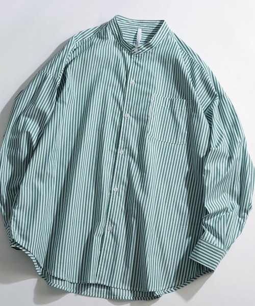 Ritzy（リッツィー）の「綿ブロード バンドカラーBIGシャツ レディース メンズ（シャツ/ブラウス・メンズ・ホワイト系その他/イエロー/サックスブルー/サックスブルー系/ブラック/グリーン/ホワイト/ラベンダー/グレイッシュベージュ/グリーン系その他/ブラック系その他・X-LARGE/MEDIUM/LARGE）」の8枚目の写真