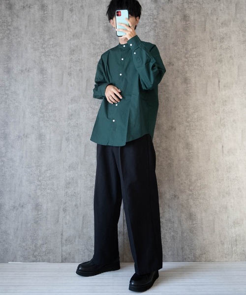 Ritzy（リッツィー）の「綿ブロード バンドカラーBIGシャツ レディース メンズ（シャツ/ブラウス・メンズ・ホワイト系その他/イエロー/サックスブルー/サックスブルー系/ブラック/グリーン/ホワイト/ラベンダー/グレイッシュベージュ/グリーン系その他/ブラック系その他・X-LARGE/MEDIUM/LARGE）」の14枚目の写真