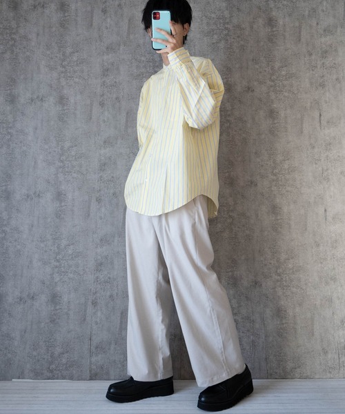 Ritzy（リッツィー）の「綿ブロード バンドカラーBIGシャツ レディース メンズ（シャツ/ブラウス・メンズ・ホワイト系その他/イエロー/サックスブルー/サックスブルー系/ブラック/グリーン/ホワイト/ラベンダー/グレイッシュベージュ/グリーン系その他/ブラック系その他・X-LARGE/MEDIUM/LARGE）」の13枚目の写真