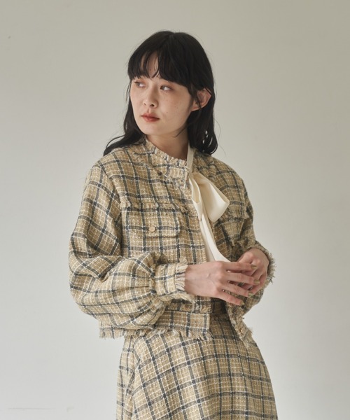 idem(イデム)の「tweed lady jacket/ノーカラーツイードジャケット(ノーカラージャケット・レディース・ベージュ/ピンク/ブラック・FREE)」の15枚目の写真
