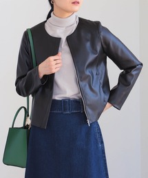 ノーカラー フェイクレザー ブルゾン