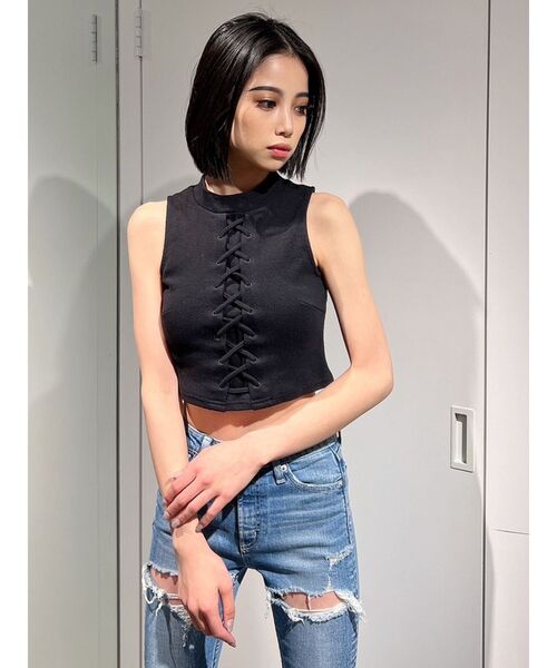 GYDA(ジェイダ)の「レースアップリブタンクトップ(タンクトップ・レディース・ブラック/オフホワイト・FREE)」の18枚目の写真
