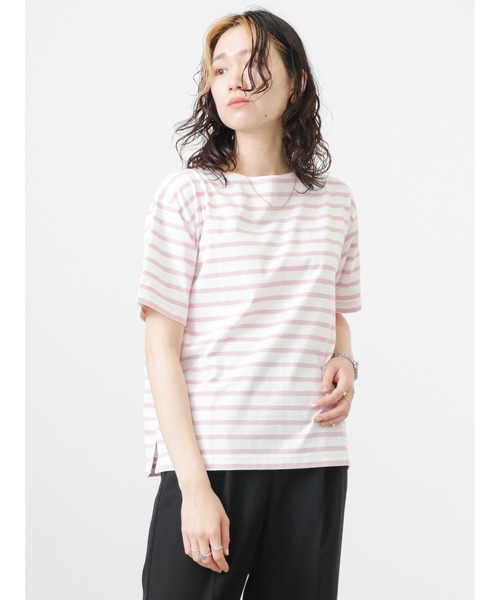 Samansa Mos2 blue（サマンサモスモスブルー）の「ボーダーTシャツ（Tシャツ/カットソー・レディース・ベージュ/オフホワイト/サックスブルー/ピンク/イエロー・ﾌﾘ-）」の5枚目の写真