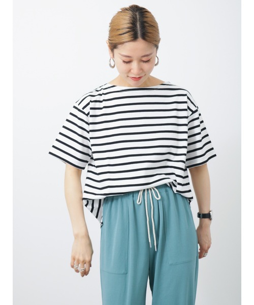 Samansa Mos2 blue（サマンサモスモスブルー）の「ボーダーTシャツ（Tシャツ/カットソー・レディース・ベージュ/オフホワイト/サックスブルー/ピンク/イエロー・ﾌﾘ-）」の6枚目の写真